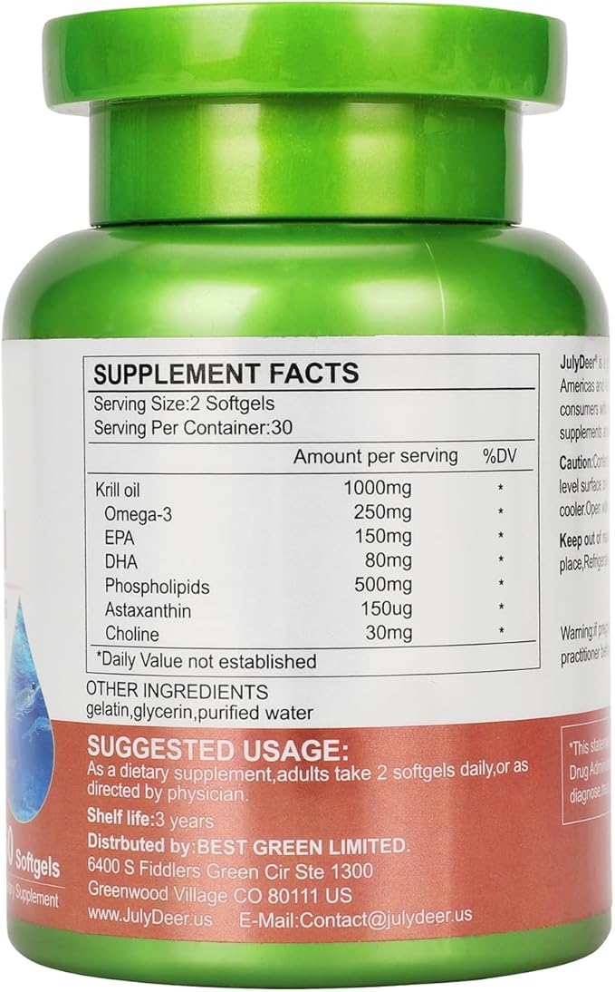 Antarctic Krill Oil 1000 mg with Omega-3s EPA, DHA, Astaxanthin and Phospholipids 60 Softgels Supplement No Fishy Aftertaste for Joint, Heart, Brain and Immunity