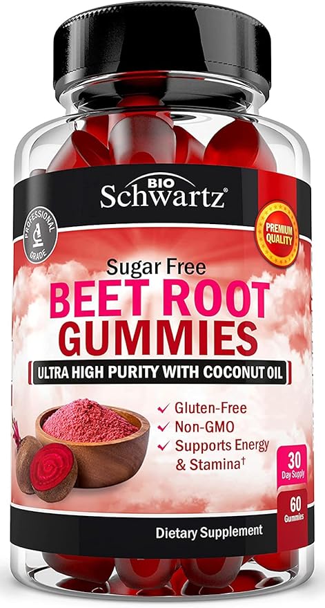Sugar Free Beet Root Gummies - Nitric Oxide Gummies Infused with Coconut Oil for Highest Absorption - Supports Energy & Whole Body Health - Delicious Strawberry Flavor - 60 Count (30 Day Supply)