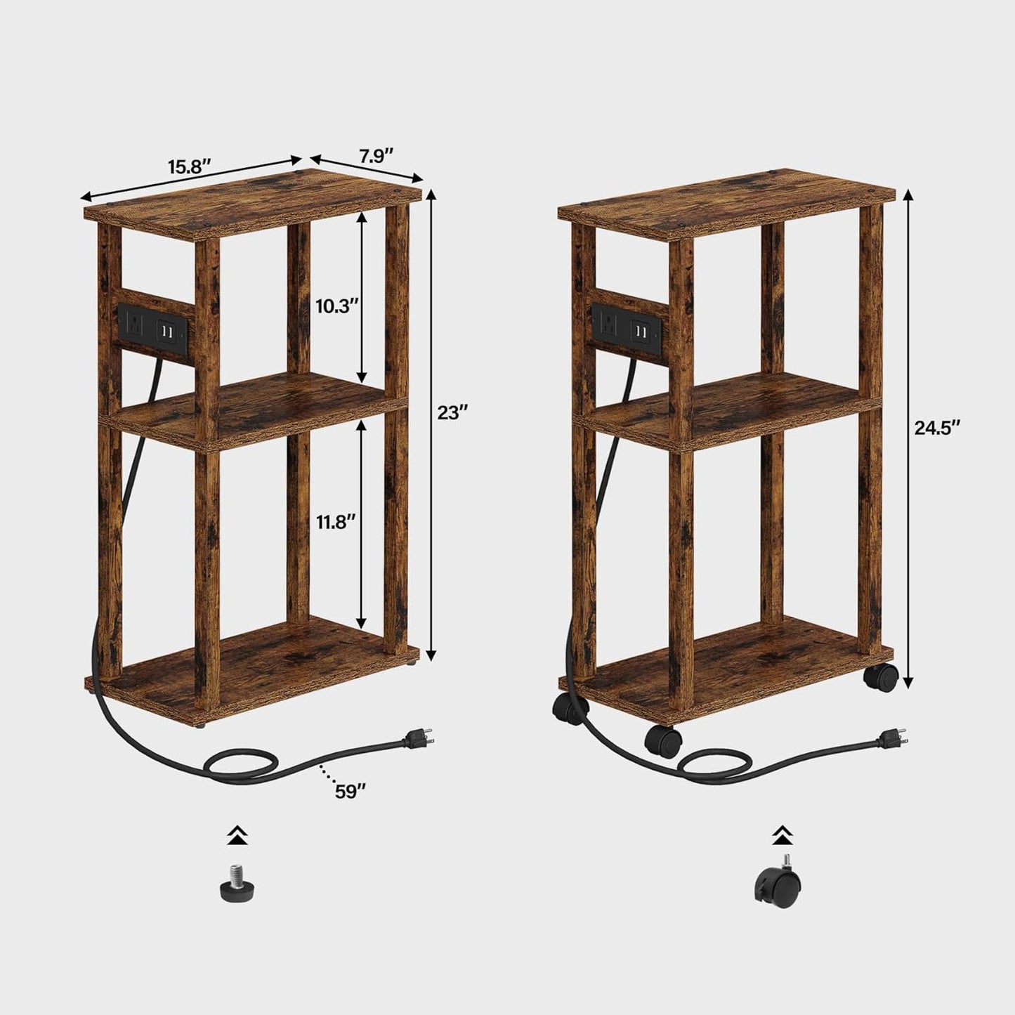 TUTOTAK Small Narrow Side Table with Charging Station, Skinny End Table for Small Spaces, Slim Nightstand with USB Ports and Outlet, Sofa Beside Table with Wheels, Rustic Brown TB01BB046C