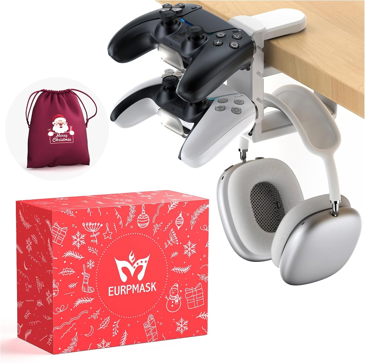 [Xmas Gifts] 3-in-1 PC Gaming Headset&Controller Holder - EURPMASK Headphone Stand w/Adjustable Clamp&2 Controller Holder&Rotating Arm&Cable Organizer,Christmas Card,Bag,Box,Stocking Stuffer for Gamer