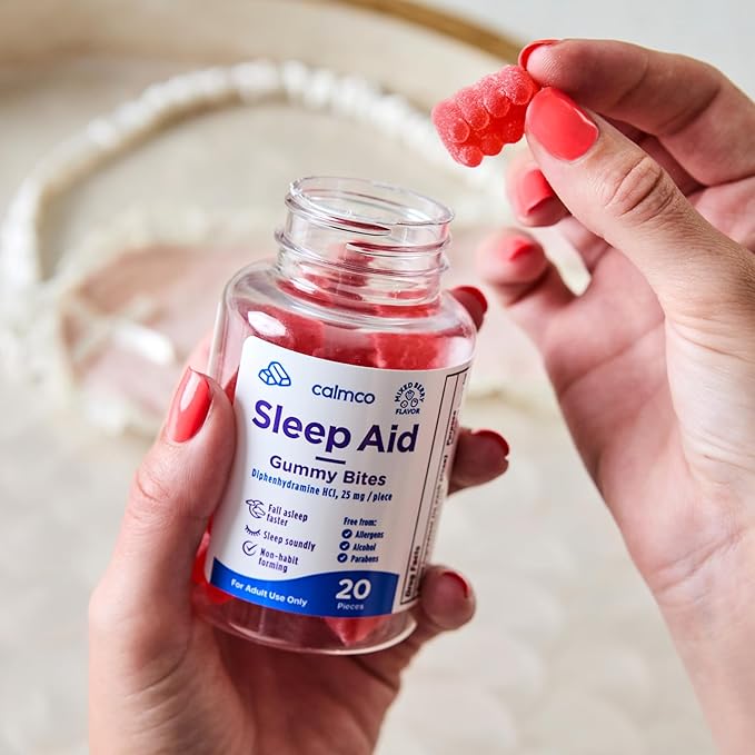 CalmCo Adult Sleep Aid Gummy Bites - Non-Habit Forming Sleep Support with 25mg Diphenhydramine, Easy-to-Chew Nighttime Sleep Aid Gummies, Promotes Better Sleep, and Fall Asleep Faster, 20 Count
