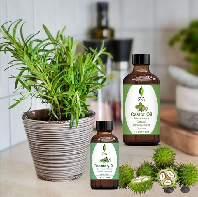 SVA Rosemary Essential Oil 1oz and Castor Oil 4oz Bundle Super Saver Combo – Premium Grade Value Set for Hair Oiling, Scalp Massage, Hair Care, Skin Care and Body Massage