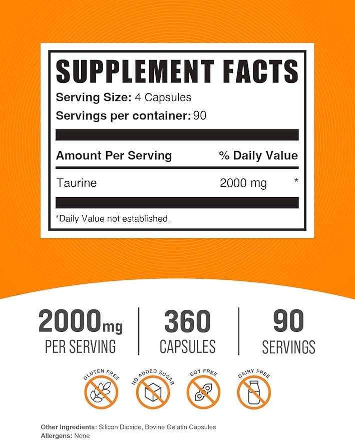 BulkSupplements.com Taurine Capsules - Taurine Supplement, Taurine 2000mg, Amino Acids for Heart Health, Taurine Pills - Gluten Free, 4 Taurine 500mg Capsules per Serving (2000mg), 360 Capsules