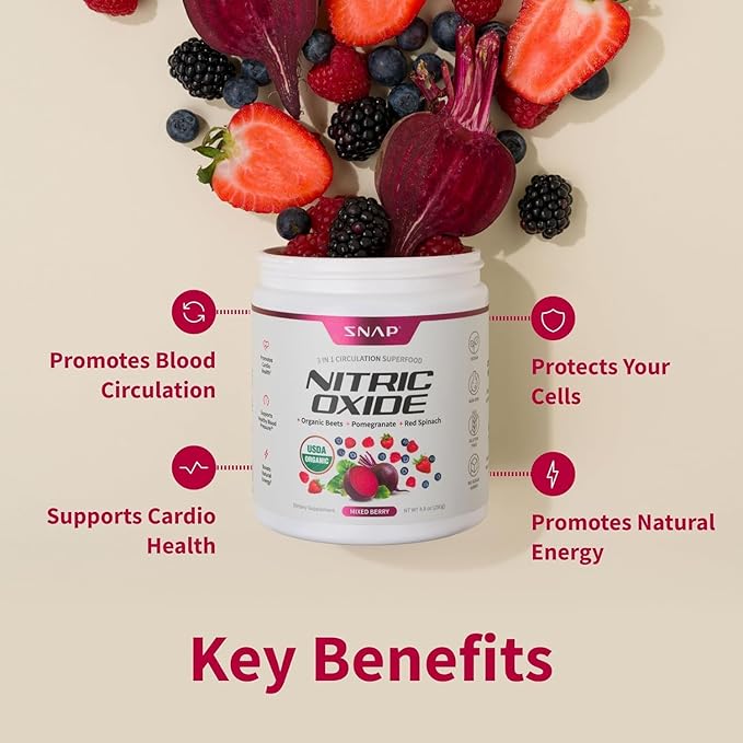 Snap Supplements Organic Beet Root Powder, Nitric Oxide Supplements for Men & Women, Beets, Pomegranate, B Vitamins & Red Spinach, Energy, Heart Health & Circulation Support, 30 Servings, Mixed Berry