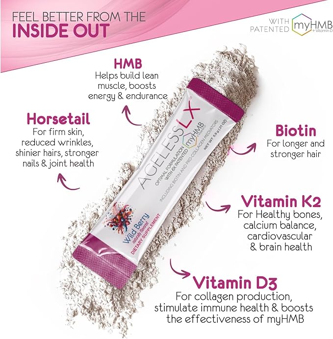 Powder Supplement for Women - with HMB Collagen Enhancer Plus Vitamin D3 with K2, Horsetail and Biotin for Lean Muscle and Stronger Hair and Nails - 30 Powder Packets, Wild Berry