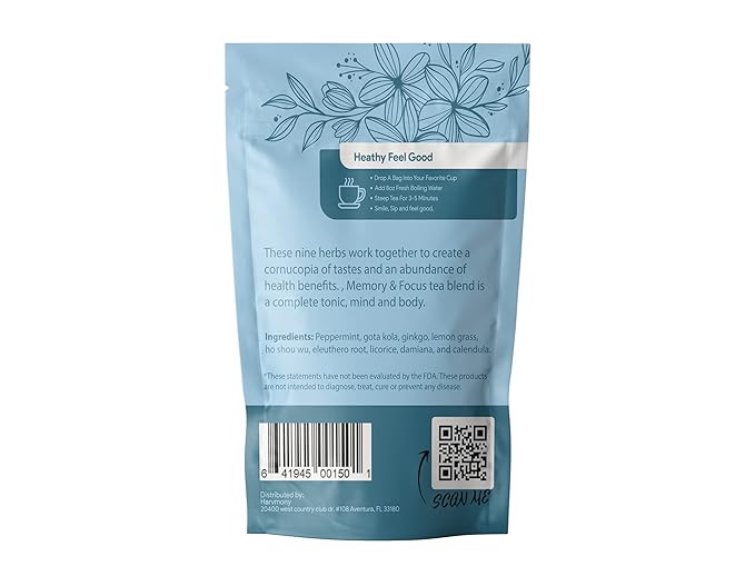 Memory & Focus Tea Blend: Gotu Kola, Eleuthero Root, Ginkgo, Ho Shou Wu, Peppermint, Damiana, Calendula, Lemongrass, Licorice Loose Leaf 3oz for Clarity & Focus Support