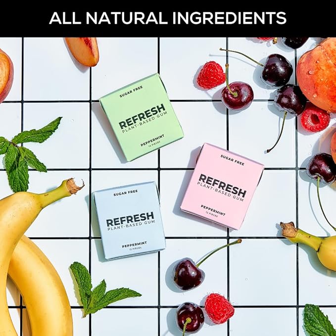 Refresh Gum, Xylitol, Natural, Sugar Free, Aspartame Free Chewing Gum, Plastic Free, Natural Flavors & Organic Ingredients, Plant-Based, Non GMO, Peppermint, Garden Mint & Raspberry Variety Pack, 12 Pcs, 6 Pack