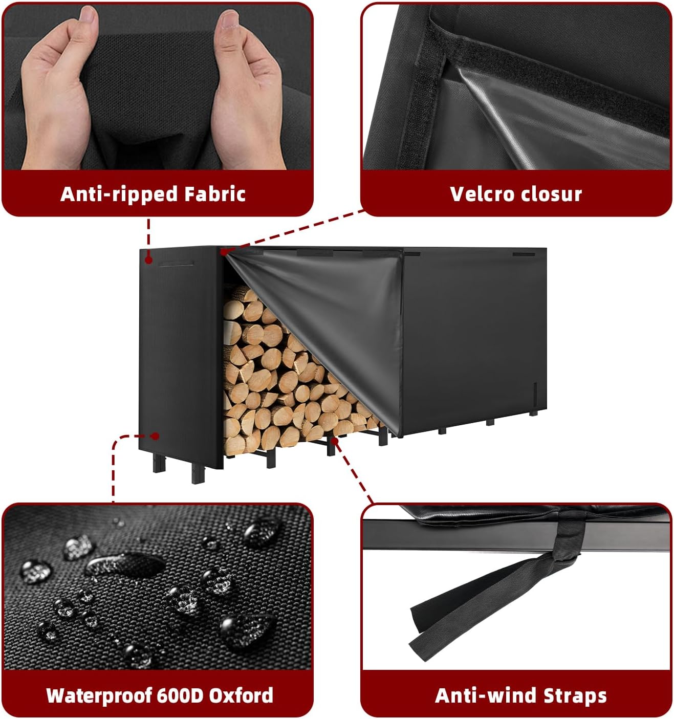 8FT Firewood Rack with Waterproof Cover,Heavy Duty Firewood Storage Log Holder for Outdoor&Indoor,Fireplace Wood Rack with 600D Oxford Fabric