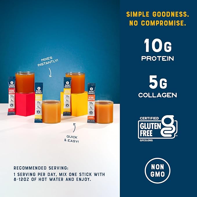 Bare Bones Bone Broth Instant Powdered Mix | 4 Beef 4 Chicken 4 Ramen 4 Lemon Ginger | Non-GMO Gluten-Free Dairy-Free Keto & Paleo Friendly | 15g Sticks 10g Protein | Variety Pack | 16 Pack