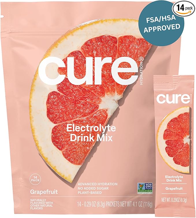 Cure Hydration Plant Based Electrolyte Mix | Powder for Dehydration Relief | Made with Coconut Water | No Added Sugar | Vegan | Paleo Friendly | Pouch of 14 Packets - Grapefruit
