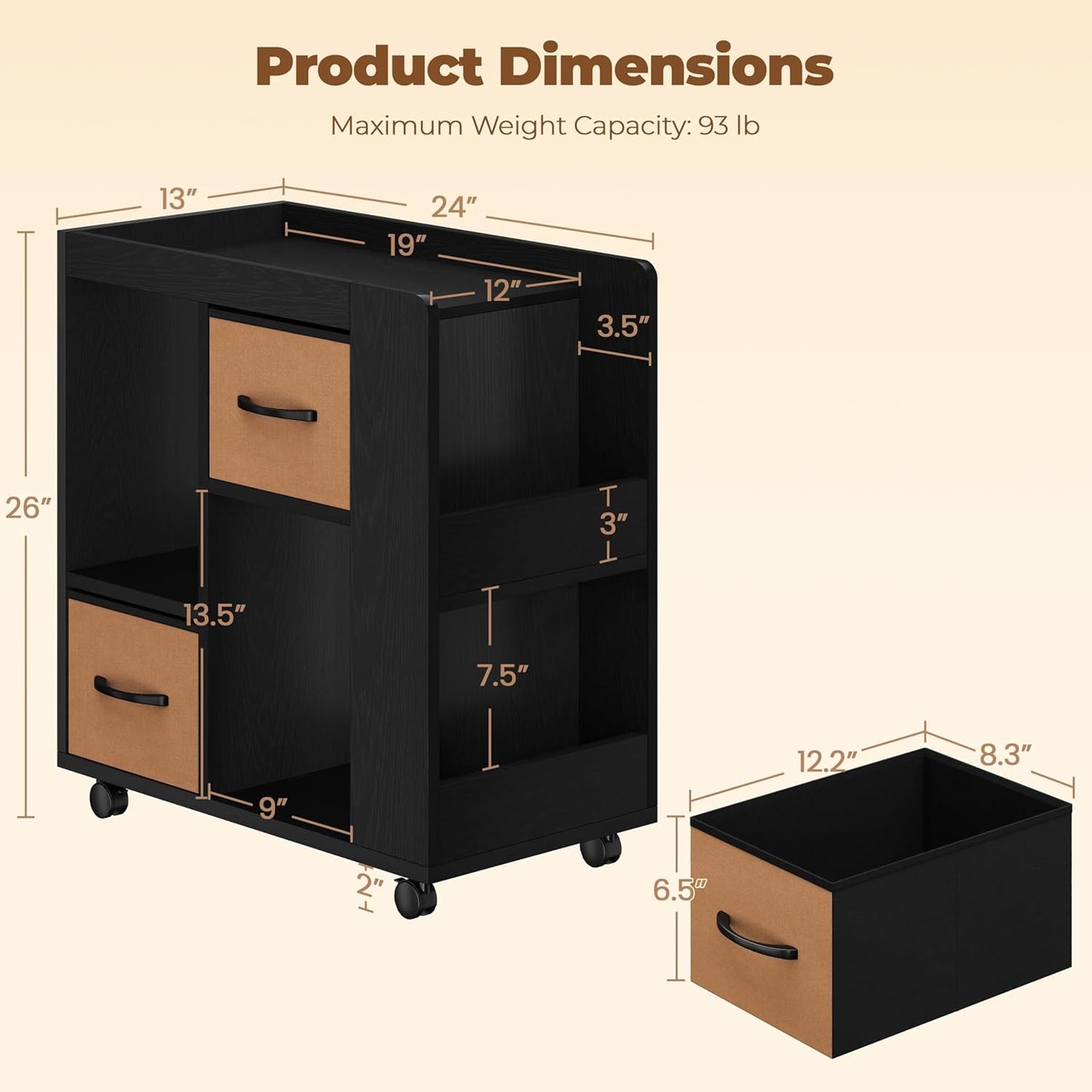 Yaheetech Narrow Side Table with Storage, Wooden Rolling Nightstand Bedside Table with Wheels, Magazine Racks and Open Shelves, End Table with Drawers for Living Room Bedroom, Black