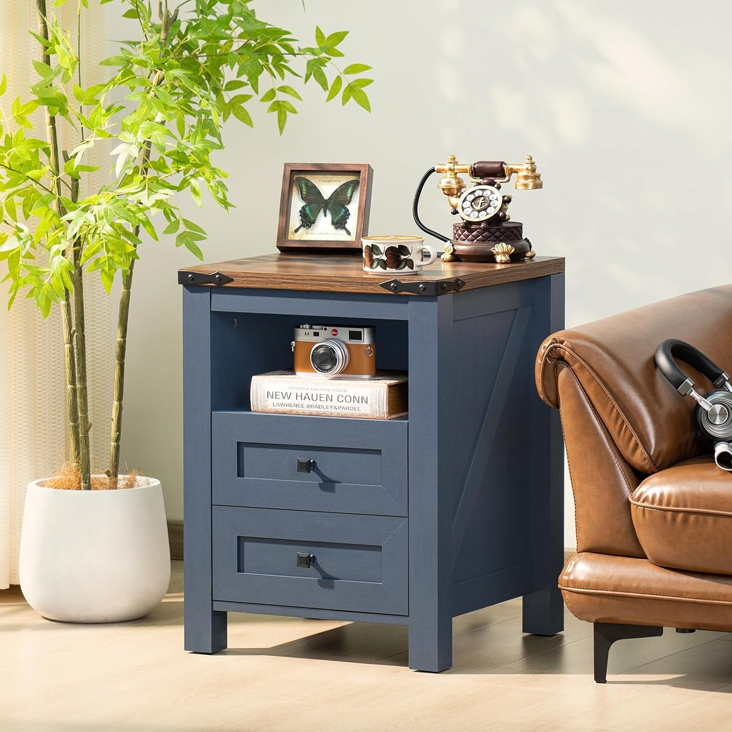 Nightstand with Charging Station, Farmhouse Night Stand with 2 Drawers and Shelf Storage, Blue Wooden Side End Table, Bedside Cabinet for Bedroom, Living Room, Closet,Office