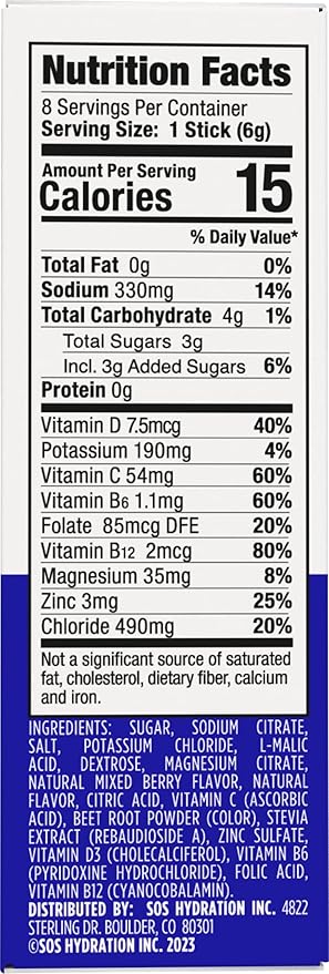 SOS Hydration Electrolyte Powder 8 Stick Packs – Low-Calorie, Rapid Rehydration, Made in USA, Keto (8 Servings, Mixed Berry)