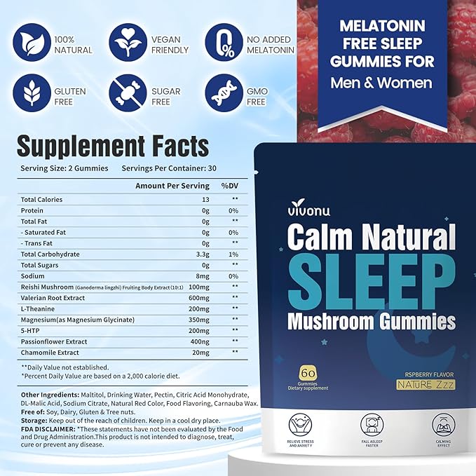 Sleep Gummies Melatonin Free with L-Theanine, Magnesium, Reishi Mushroom,Valerian Root, Passionflower | Non-Habit Forming Sleep Aid | Non-GMO Sleep Gummies for Adults | Raspberry Flavor (60pcs)