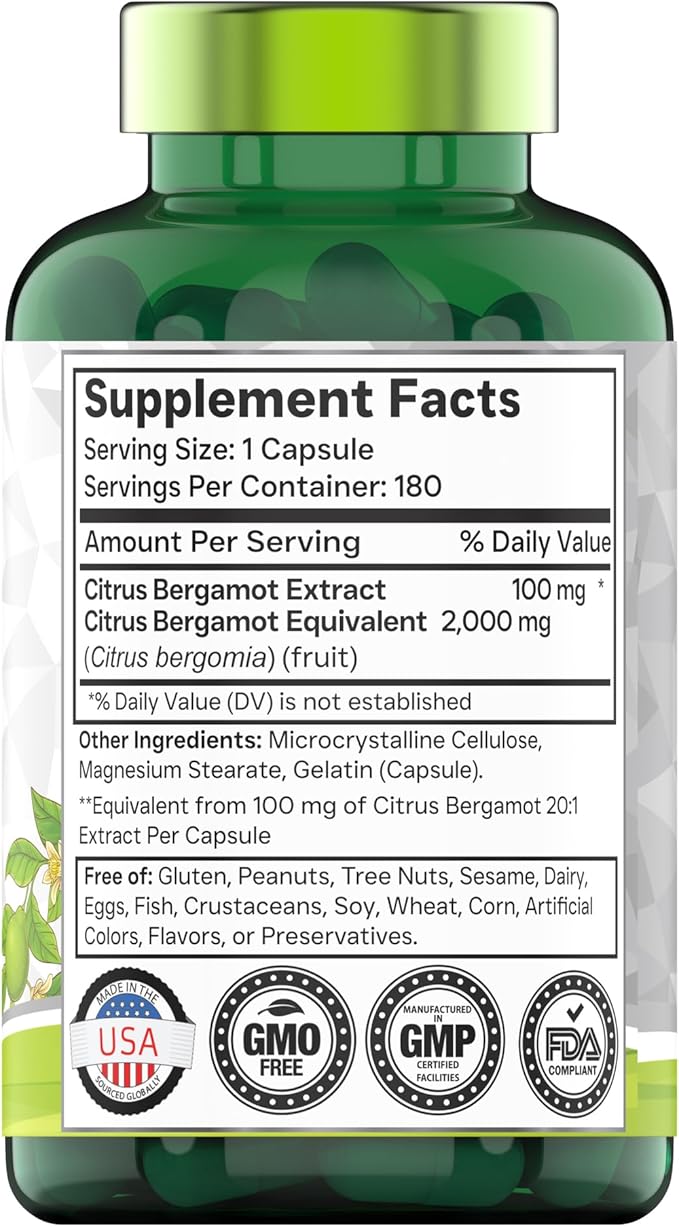 Citrus Bergamot 2000mg - 180 Capsules | Ultra Potent Citrus Bergamot Supplement 2000 mg Per 1 Capsule Serving | 6 Month Supply! | Non-GMO | Made in The USA!