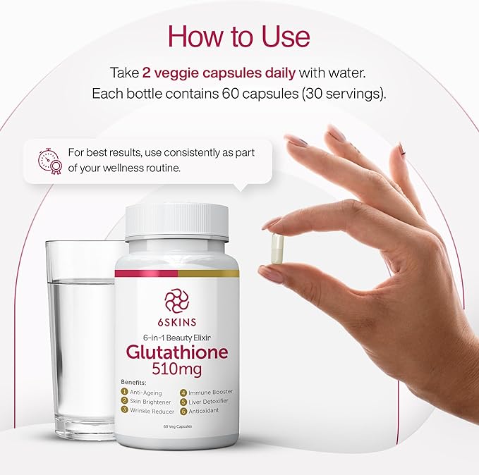 6SKINS®6in1 Beauty Elixir with Liposomal Glutathione 510mg | Glutathione Supplement 4X Better Absorption - Immune Support, Liver Detox, Powerful Antioxidant for Healthier Skin - 60 Capsules