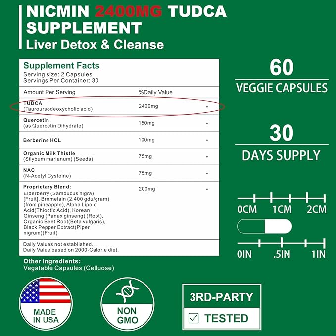 TUDCA Supplements 2400MG, Bile Salts Complex for Liver Detox & Gallbladder Cleanse, Anti-Aging for Men and Women, Digestive Health 60 Capsules