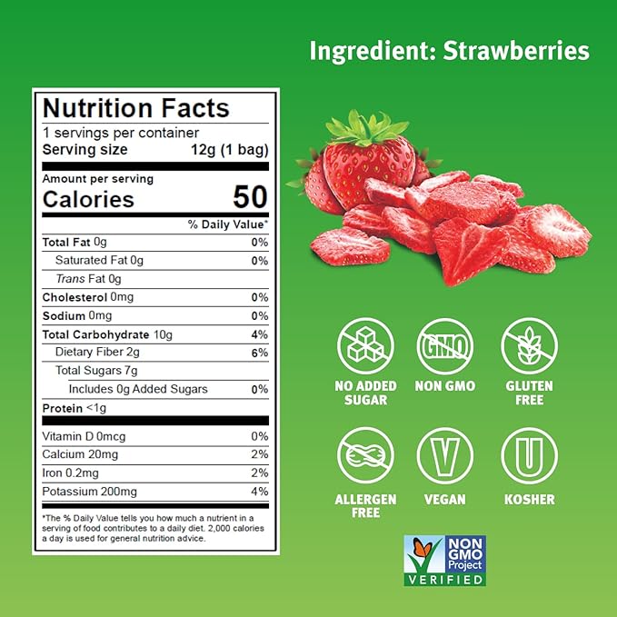 Crispy Green Natural Freeze-Dried Fruit, Strawberry Single-Serve, No Sugar Added, 0.42 Ounce (Pack of 12)