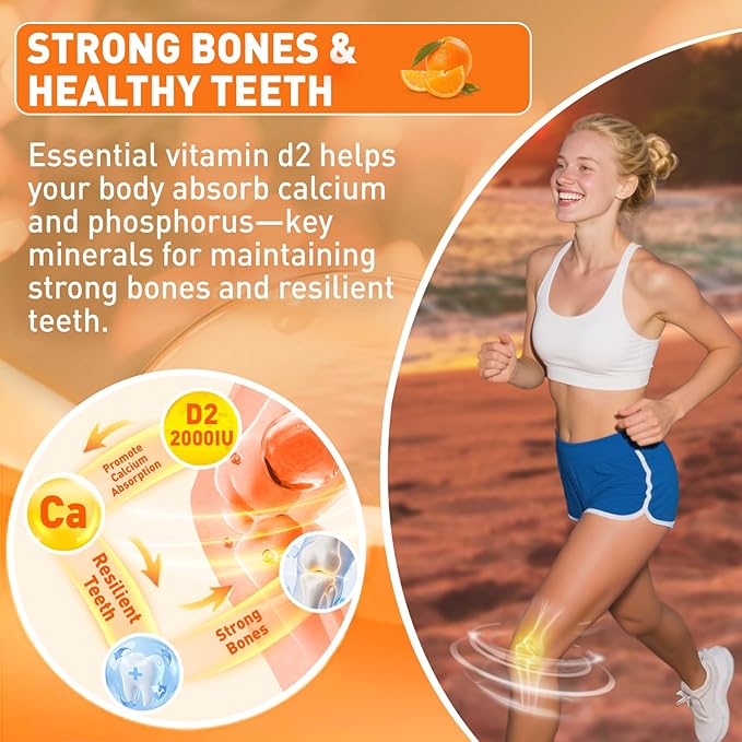 Vitamin D2 Gummies 2000 IU, Plant-Based D2 Vitamin Ergocalciferol Supplement from Whole Mushroom, Bone, Muscle, Teeth & Immune Support, Daily Sunshine Supply, Vegan, Non-GMO, Orange, 60