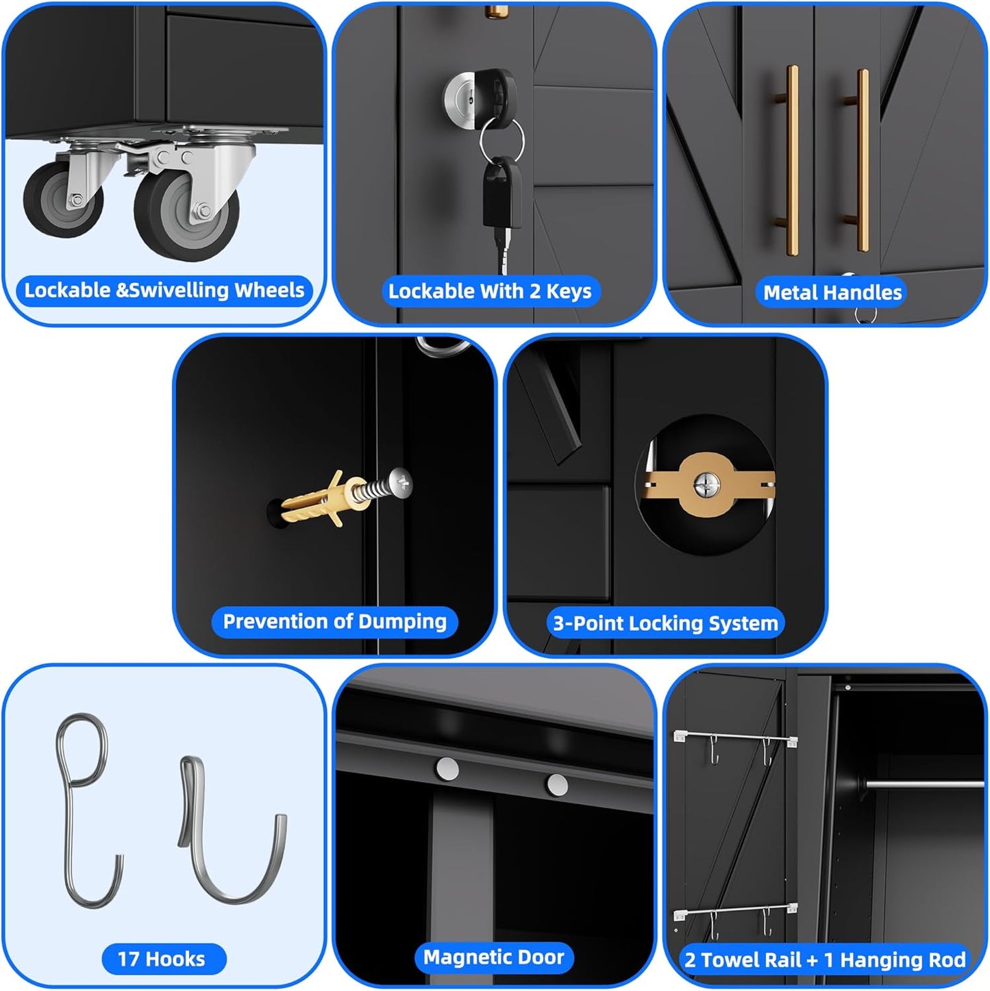 Black Broom Closet Storage Cabinet with Doors and 4 Shelves,Metal Cleaning Tool Cabinet with Pegboard,Hanging Rod for Brooms and Mops,Kitchen Pantry Storage Cabinet,Assembly Required