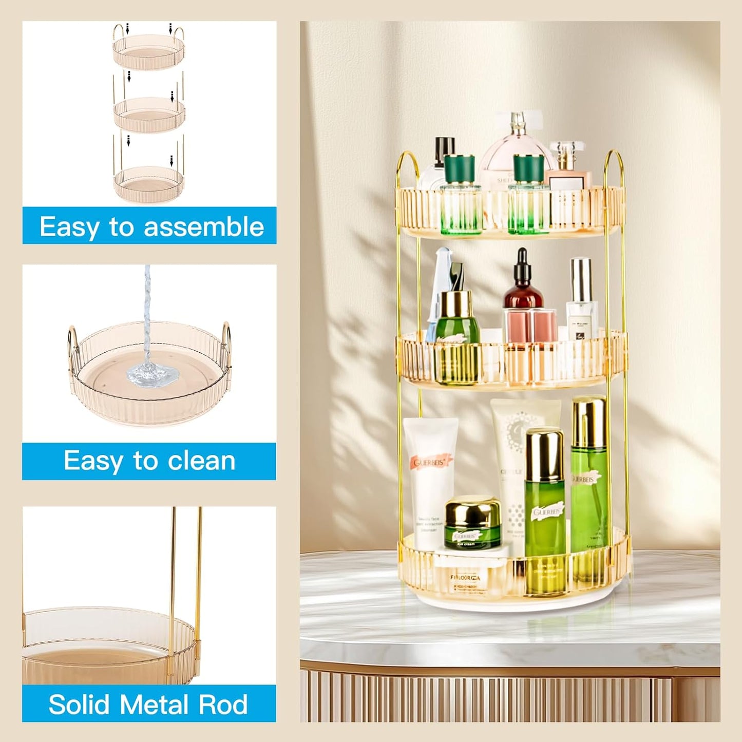 360 Rotating Makeup Organizer - Large Capacity Spinning Perfume & Cosmetic Skincare Holder for Vanity & Countertop (Vibrant Orange, 3 Tier)