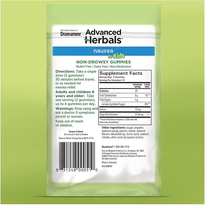 Advanced Herbals Kids Gummies, from The Makers of Dramamine, Nausea Relief and Motion Sickness Relief for Kids, Strawberry and Ginger Flavor, 20 Ct