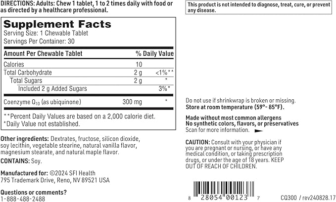 Klaire Labs SFI Health Chewable Coenzyme Q10-300 Milligrams High Strength CoQ10 as Ubiquinone, Emulsified with Vitamin E for Superior Absorption (30 Tablets)
