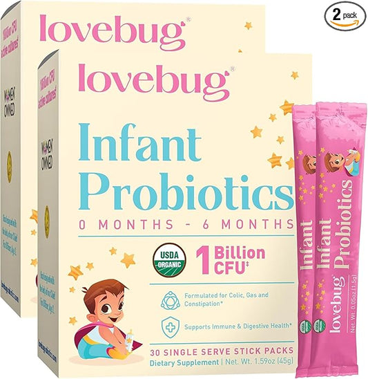 LOVEBUG Infant Probiotics 0-6 Months - USDA Organic Probiotics for Babies, Supports Baby Gas, Colic, Reflux, Diarrhea and Newborn Constipation Relief, Allergen & Sugar Free, Tasteless Powder, 30 Pack
