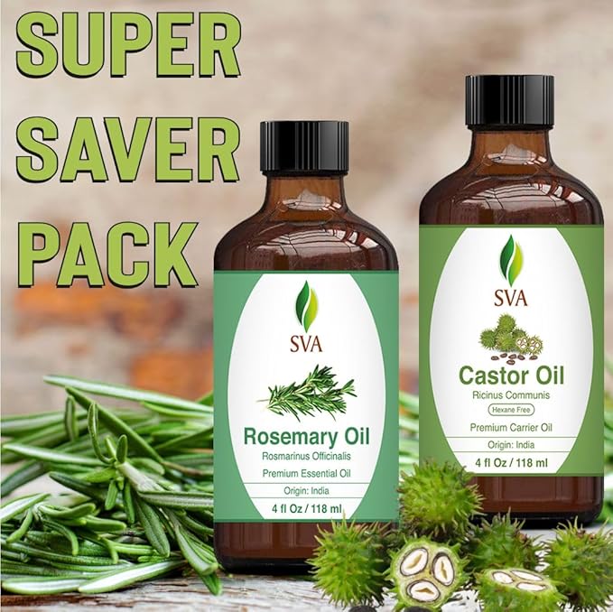 SVA Rosemary Essential Oil 4oz and Castor Oil 4oz Bundle Super Saver Combo – Premium Grade Value Set for Hair Oiling, Scalp Massage, Hair Care, Skin Care and Body Massage