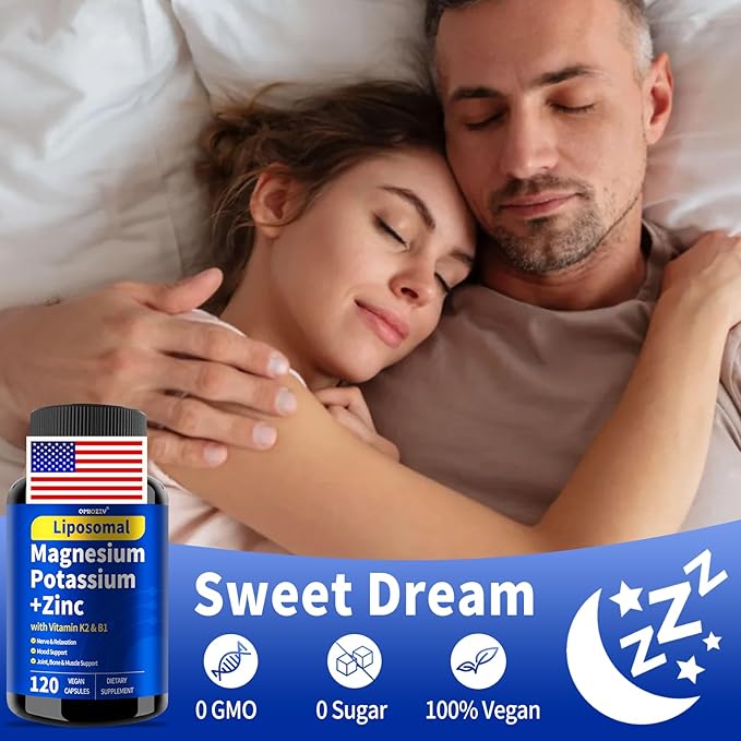 Potassium Magnesium Supplement, 1600mg Liposomal Magnesium Aspartate, Potassium Chloride, with Zinc, K2, Vitamin B1 for High Blood Pressure, Support Vascular, Bone & Leg Cramps, 120 Veg Capsules