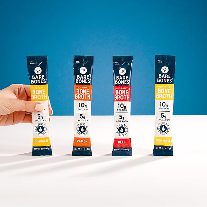 Bare Bones Bone Broth Instant Powdered Mix | 4 Beef 4 Chicken 4 Ramen 4 Lemon Ginger | Non-GMO Gluten-Free Dairy-Free Keto & Paleo Friendly | 15g Sticks 10g Protein | Variety Pack | 16 Pack