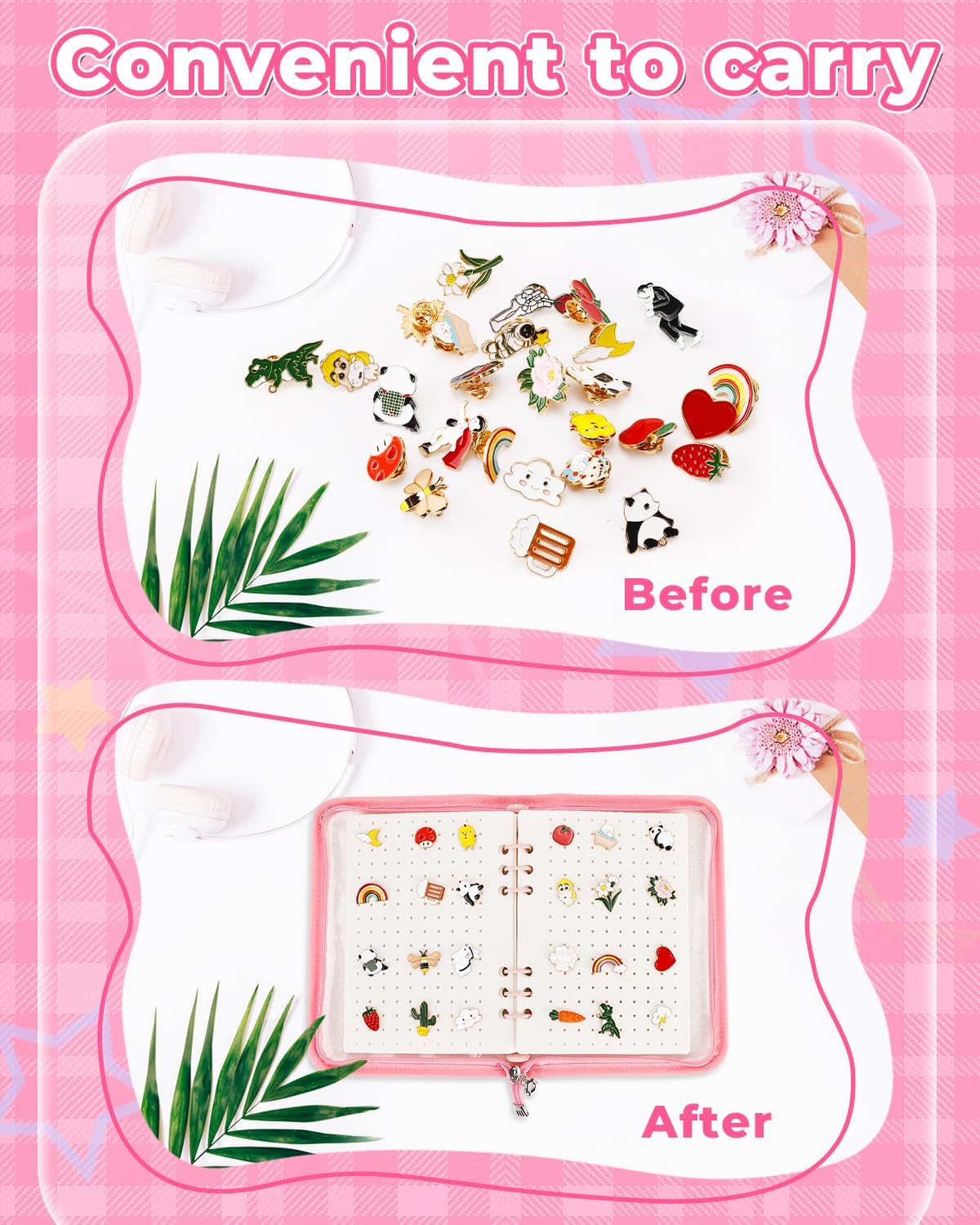 UCEC Pink Enamel Pin Display Book & 50 PCS Pin Backs A5 Album Pin Collection Binder for Brooch Pins, 6-Page Zippered Pinfolio Trading Organizer, Portable Enamel Pin Storage Case for Pin Collectors