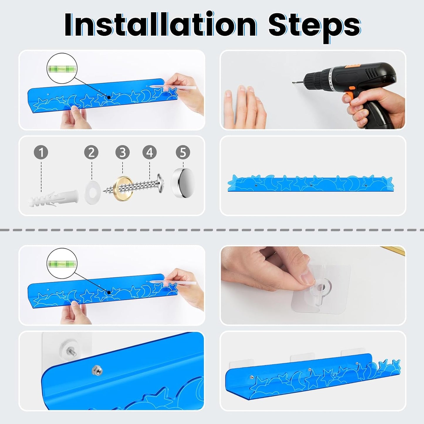 Floating Shelves for Wall,4 Pack 15.7’’x 3.5’’Adhesive Acrylic Shelves Organizer for Book Toy Photo Makeup,Wall-Mounted Kids Storage for Bathroom,Bedroom,Nursery,Blue Star and Moon