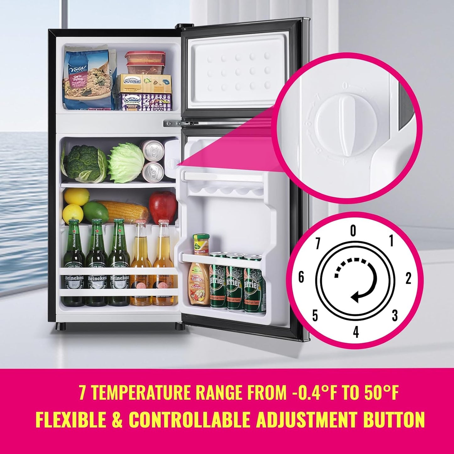 Mini Fridge with Top Freezer Apartment Size Dual Door Compact Small Refrigerator for Personal Use Small Mini Fridge with Egg tray, 7 Temperature Control For Dorm, Apatmet, Dark Grey