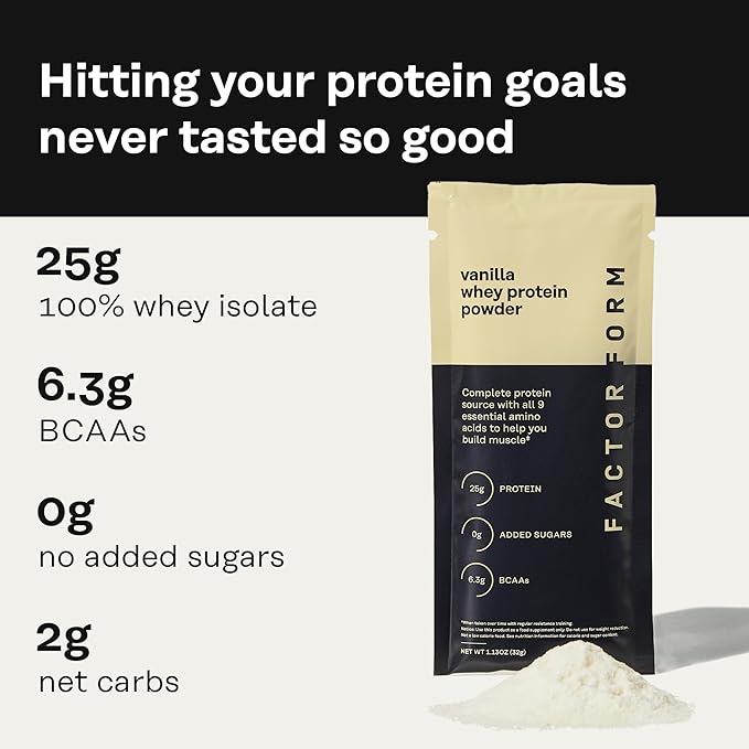 FACTOR FORM Whey Protein Powder | 100% Whey Isolate | 25g Protein & 6.3g BCAAs | Low Carb & Keto-Friendly | No Added Sugar (15 Packets, Vanilla)