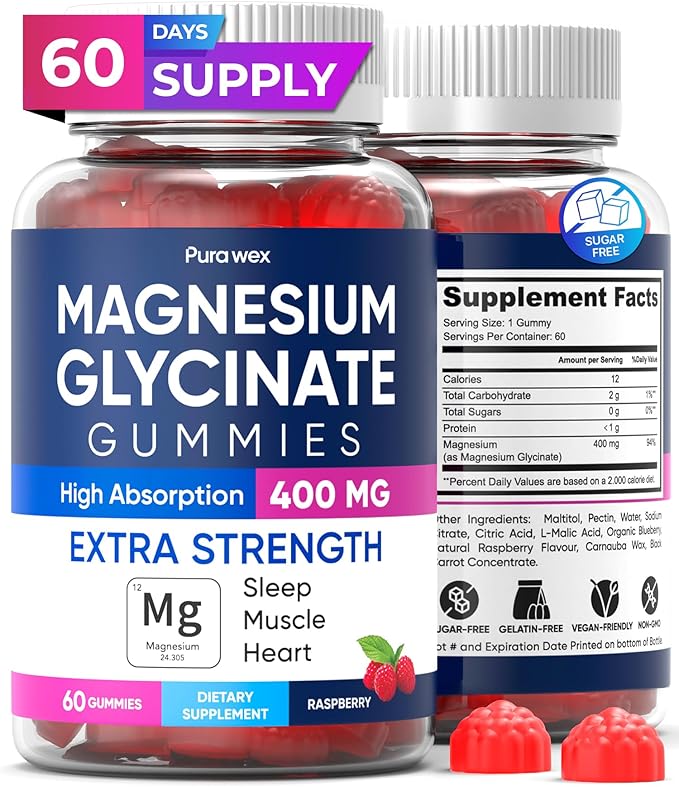 Magnesium Glycinate Gummies 400mg, High Absorption Magnesium Supplement for Women, Men and Kids, Muscle Support and Relaxation, Sugar Free, Vegan, 60 Days Supply, Raspberry Flavor