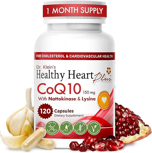 CoQ10 Cardiovascular Supplement 150mg – Coenzyme Q10, Nattokinase, Pomegranate, Garlic & Lysine for Blood Cholesterol, Circulation, Heart Plus CoQ10 Supplement for Men & Women, 120 Capsules by Rhoziva