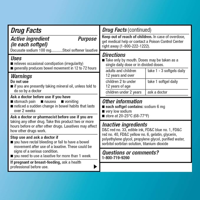 Amazon Basic Care Stool Softener Laxative, Docusate Sodium 100 mg, Softgels, For Constipation Relief, 100 Count