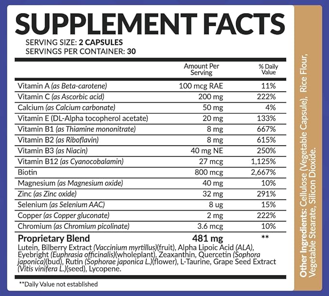 Bio Naturals Eye Vitamin Supplement with Lutein, Zeaxanthin, Lycopene, Bilberry, Quercetin & More - All Natural Proprietary Blend Supports Vision & Macular Health - 60 Veggie Capsules