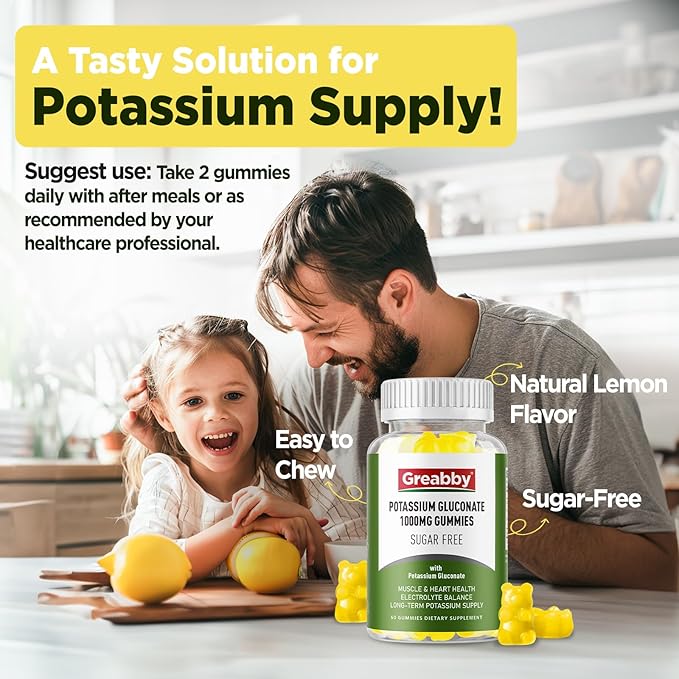 Potassium Gluconate 1000 mg Gummies, Sugar Free for Women & Men Adults, Support Muscle Cramps & Heart Health, Chewable Potassium Supplement, Lemon Flavor, Vegan Source, 120 Gummies