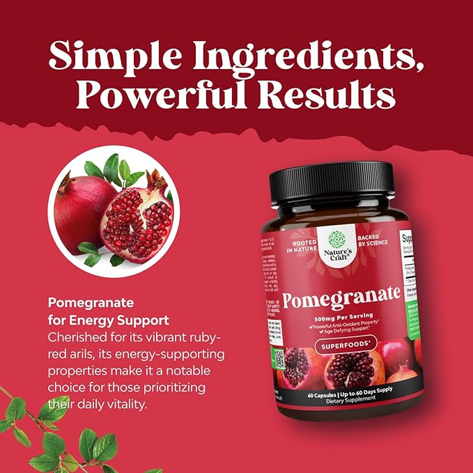 Pomegranate Extract Capsules Antioxidant Supplement - Natural Pomegranate Capsules for Heart Health Joint Support and Pre Workout for Men and Women - Nitric Oxide Supplement with Brain Health Vitamins