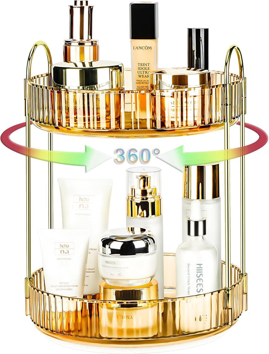 360 Rotating Makeup Organizer - Large Capacity Spinning Perfume & Cosmetic Skincare Holder for Vanity & Countertop (Vibrant Orange, 2 Tier)