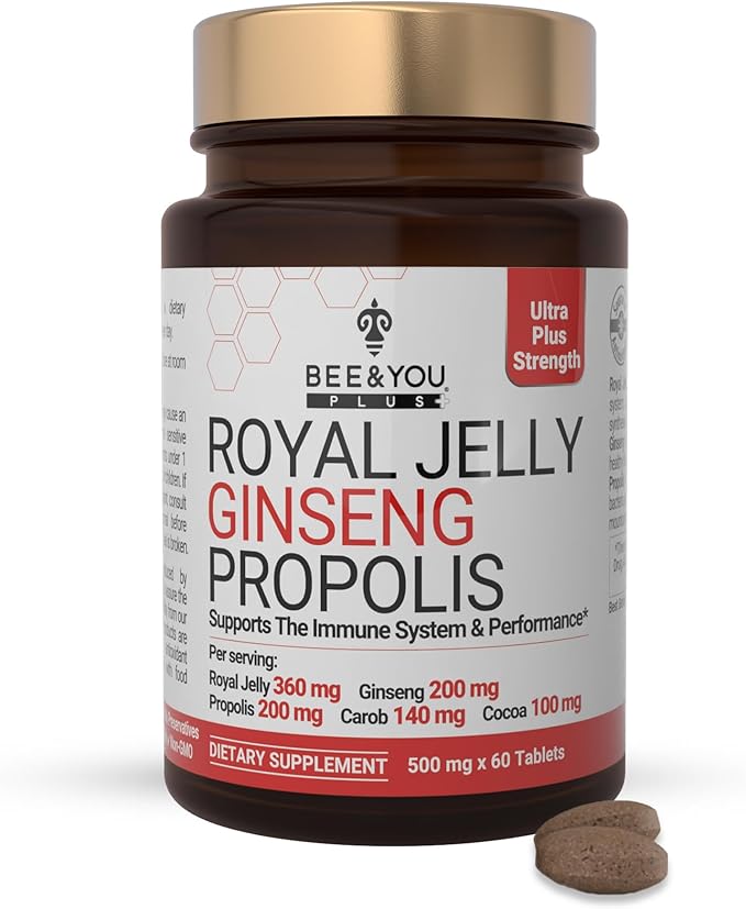 Bee and You Royal Jelly with Ginseng Tablet, Propolis Extract, 60ct, 100% Natural Superfood, Ultra Pure, Immune Support Supplement, Antioxidants, Keto, Paleo, Gluten-Free