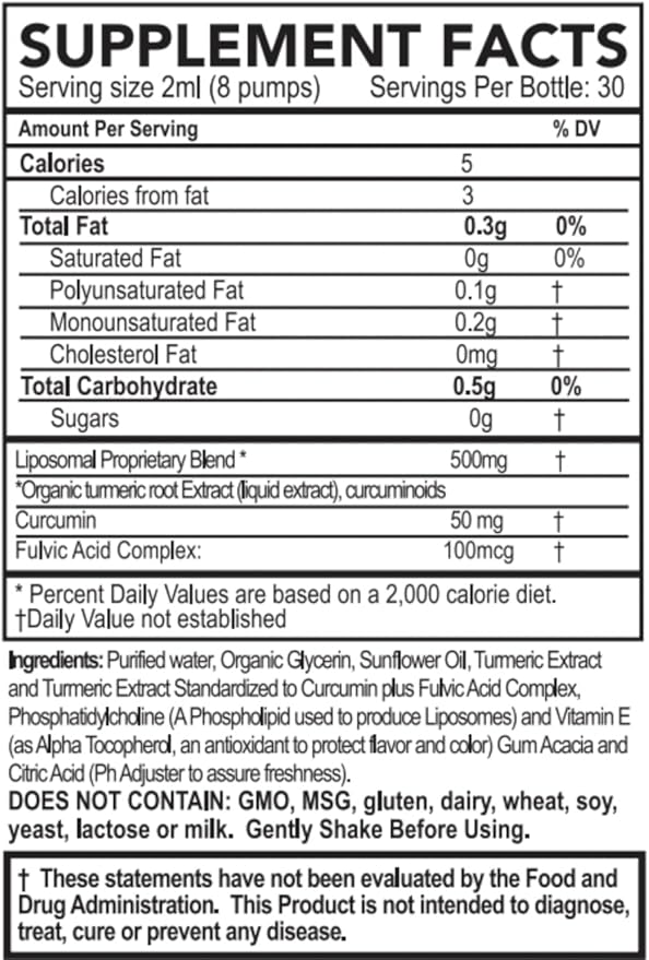 Liquid Turmeric Supplement, Fulvic Acid, Support Joint Health, Liposomal Enhanced Absorption, Vegan, Month Supply