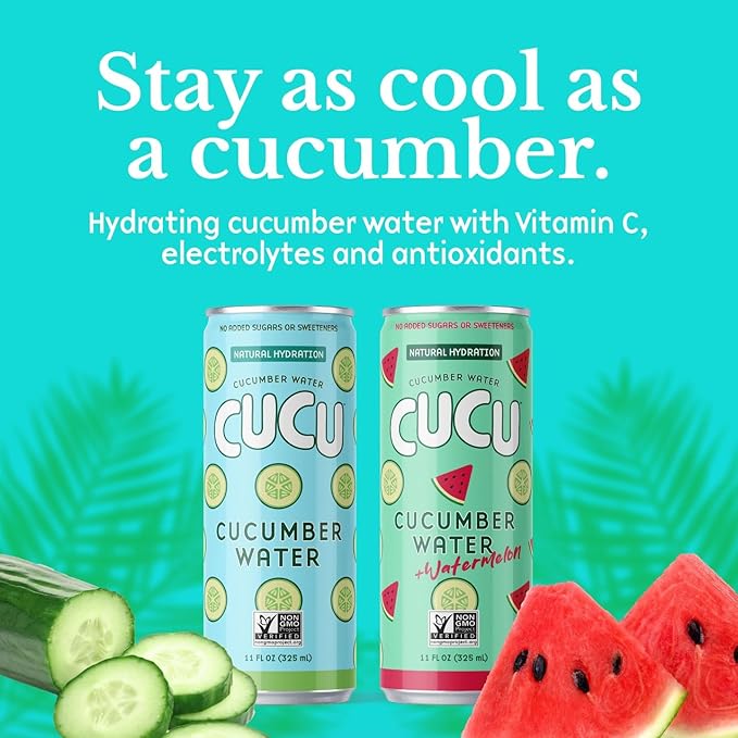 CUCU Cucumber Water – Natural Hydration from Cucumbers with Vitamin C, Electrolytes & Antioxidants – No Sugar Added, Non-GMO – 12 Pack, 11 fl oz Cans