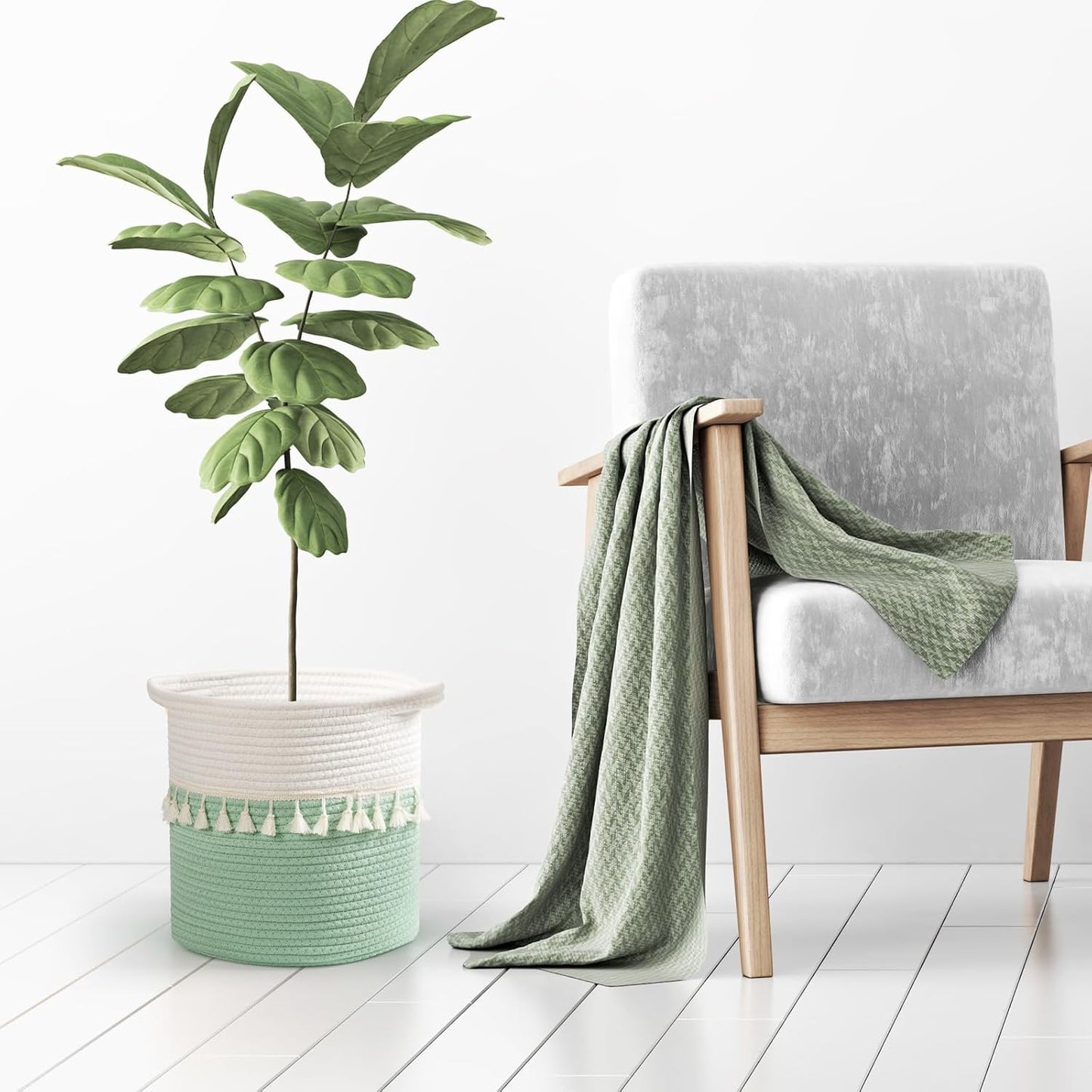 danpinera 11 Inch Woven Baskets for Storage, 3 Storage Baskets for Organizing in Laundry, Living Room, Nursery, Cute Rope Boho Baskets for Shelves, Decorative Storage Basket, Green