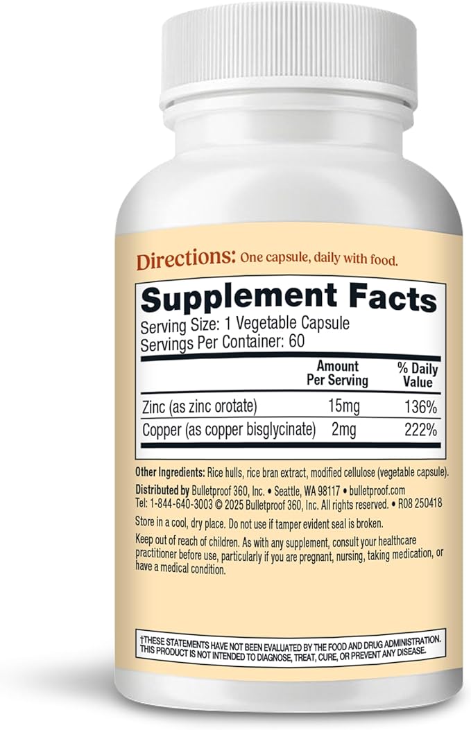 Bulletproof Zinc with Copper Capsules, 60 Count, Minerals and Antioxidant Supplement for Immunity and Mood
