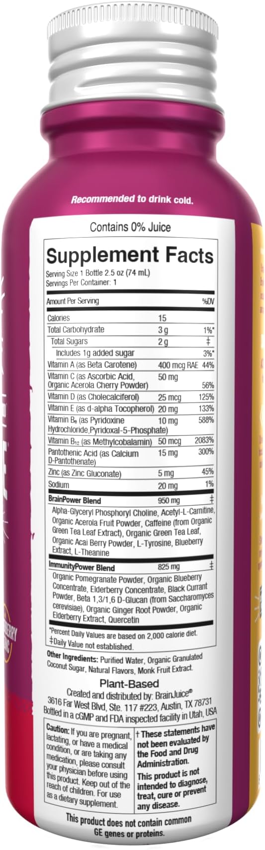 BrainJuice Brain and Immune Support Shot, Gluten Free Supplement Shots for Energy, Focus, Immunity with Vitamin D, C B, Alpha GPC & Organic Ginger Root, Pomegranate Acai, 2.5 fl oz, 12 Pack