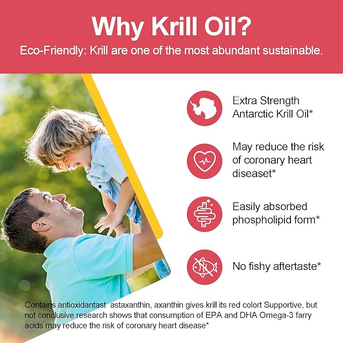 Antarctic Krill Oil 1000 mg with Omega-3s EPA, DHA, Astaxanthin and Phospholipids 60 Softgels Supplement No Fishy Aftertaste for Joint, Heart, Brain and Immunity