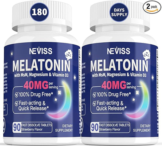 Melatonin 40 mg for Adults - Fast Dissolve & Chewable Sublingual Sleep Supplement - Extra Strength Melatonin with Vitamin D3 & MSM, Selenium for Health Rest Cycle, Deep Zzzs, Sugar-Free, 180 Servings